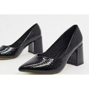 ASOS Design Women's Black Mock Croc Faux Leather Block Heel Court‎ Shoes Size 7